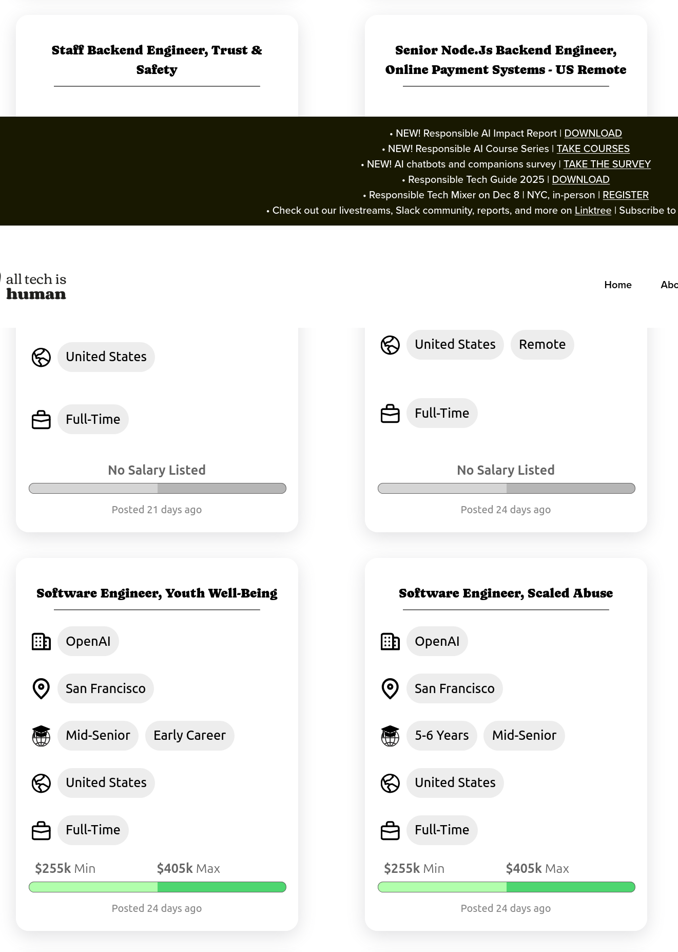 Job board listing jobs at Grindr and OpenAI